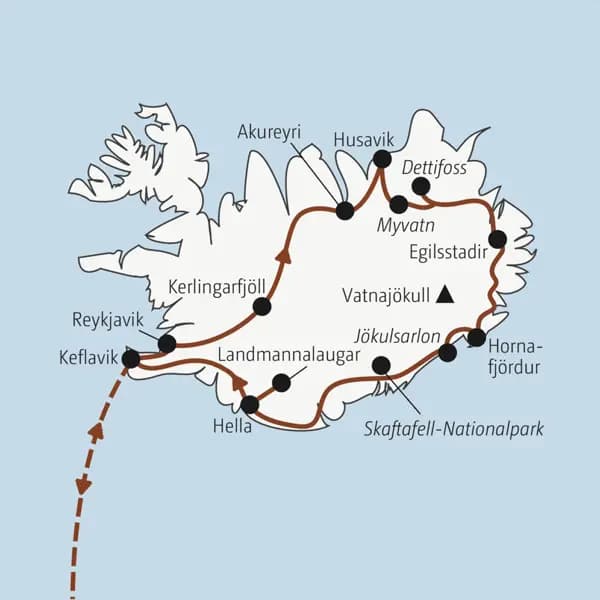Die Rundreise mit YOUNG LINE über Island führt dich von Reykjavik nach Akureyri, Myvatn, Egilsstadir, in den Skaftafell-Nationalpark, nach Hella und Keflavik.