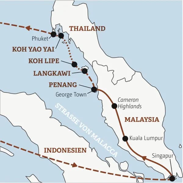 Die Rundreise Malaysia - Thailand  mit YOUNG LINE führt uns von Singapur über Kuala Lumpur bis George Town, und anschließend hüpfen wir von Insel zu Insel weiter bis Phuket.
