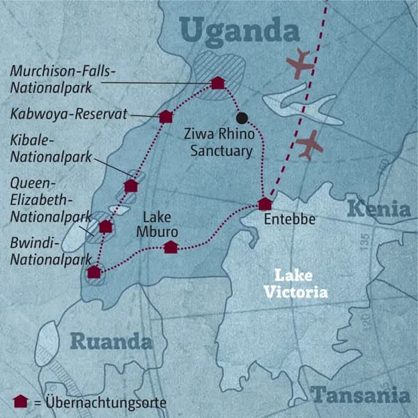 Unsere Reiseroute durch Uganda startet in Entebbe und führt über den Murchison-Falls-Nationalpark, den Kibale-Nationalpark, den Queen-Elizabeth-Nationalpark in den Bwindi-Nationalpark.