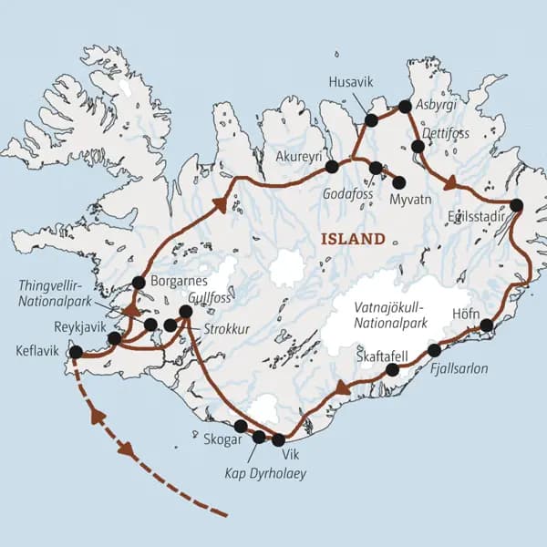 Reisekarte zur Marco Polo Reise nach Island - Aktiv entdecken, mit einigen Wanderungen.
