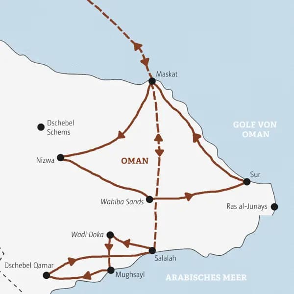 Stationen der Marco Polo Reise Oman - Wüste, Wadis und Meer: Maskat, Sur, Nizwa, Wahiba Sands und Salalah.