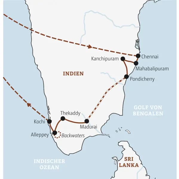 Die Karte zeigt den Verlauf unserer Entdeckerreise in der Mini-Gruppe nach Südindien: Chennai, Mahaballipuram, Kanchipuram, Madurai, Thekkady, Alleppey, Kochi.