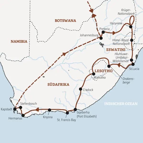 Diese Rundreise  führt Sie von Johannesburg zum Krügerpark, nach Eswatini und in die Drakensberge nach Lesotho und weiter über die Gartenroute nach Knysna und Kapstadt.