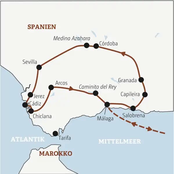 Die Rundreise mit YOUNG LINE durch Andalusien führt dich von Málaga nach Granada, Córdoba, Sevilla, Conil und auf den Caminito del Rey.