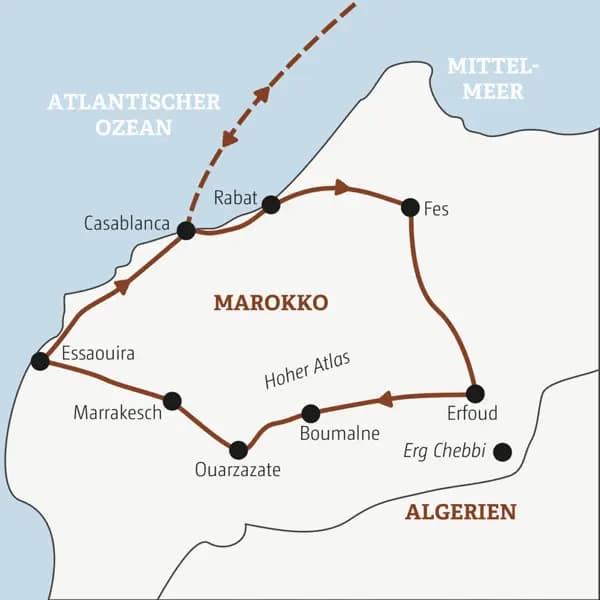 Die Rundreise mit YOUNG LINE durch Marokko führt dich von Casablanca nach Fes, Erfoud, Boumalne, Ouarzazate, Marrakesch und Essaouira.