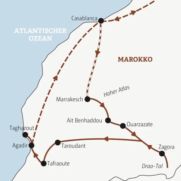 Die Route dieser YOUNG LINE Reise ab 35 führt vom Atlantik in den Hohen Atlas und bis an den Rand der Sahara.