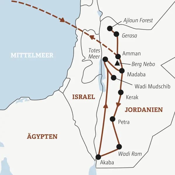 Die Rundreise mit YOUNG LINE durch Jordanien führt dich von Amman in den Ajloun Forest, zum Toten Meer, ins Wadi Mudschib, nach Kerak, Petra, ins Wadi Ram und nach Akaba.