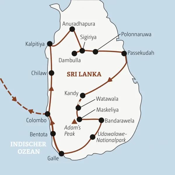 Die Rundreise mit YOUNG LINE durch Sri Lanka führt dich von Colombo nach Anuradhapura, Passekudah, Kandy, in den Udawalawe-Nationalpark und bis Galle.