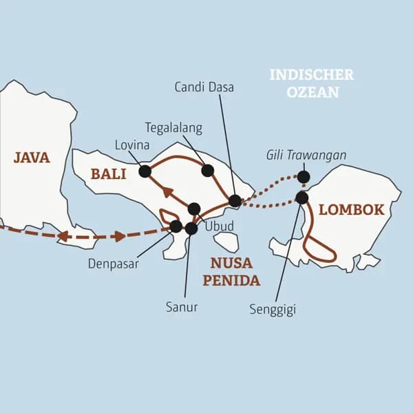 Die Rundreise mit YOUNG LINE durch Indonesien führt dich über Bali mit Sanur, Lovina, Candi Dasa und Ubud nach Lombok und auf Gili Trawangan.