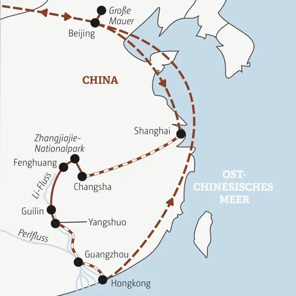 Die Route dieser YOUNG LINE Reise führt von Beijing über Shanghai, Zhangjiajie und Guilin nach Hongkong.