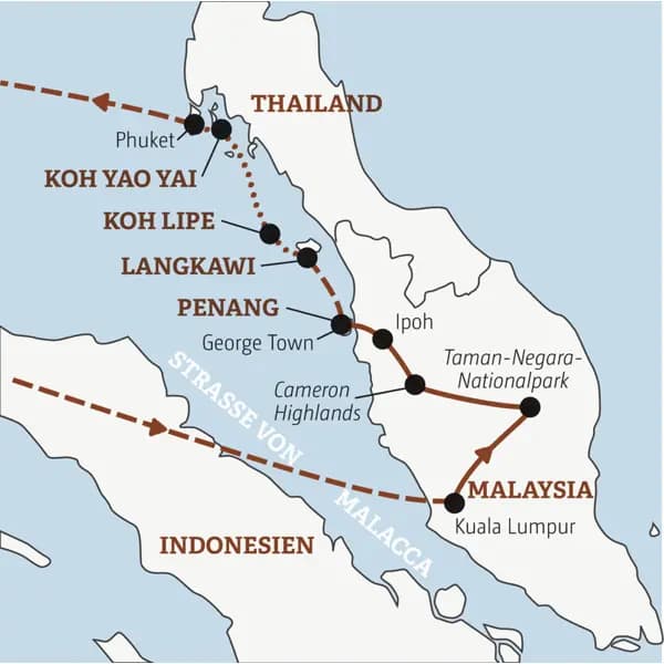 Die Rundreise Malaysia - Thailand  mit YOUNG LINE führt uns von Kuala Lumpur über den Taman-Negara-Nationapark bis George Town, und anschließend hüpfen wir von Insel zu Insel weiter bis Phuket.