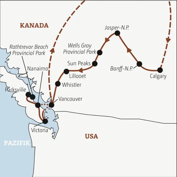 Die Rundreise mit YOUNG LINE nach Kanada führt von Calgary durch die Rocky Mountains über die Nationalparks Banff und Jasper bis an den Pazifik nach Vancouver Island.