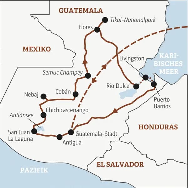 Die Rundreise mit YOUNG LINE durch Guatemala führt dich von Guatemala-Stadt zum Atitlánsee, nach Cobán, Flores, zum Tikal-Nationalpark, nach Livingstone und Puerto Barrios.