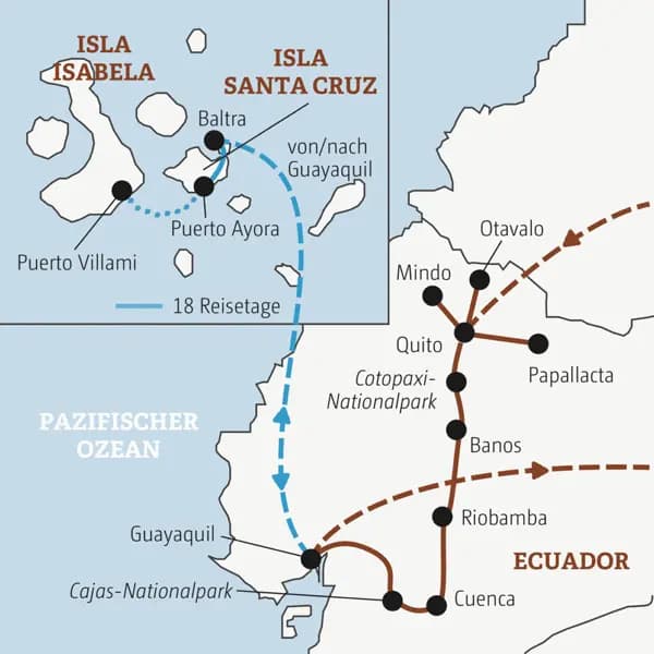 Die Rundreise mit YOUNG LINE durch Ecuador führt dich von Quito nach Mindo, Otavalo, in den Cotopaxi-Nationalpark, nach Banos, Riobamba, Cuenca, Guayaquil und auf Wunsch nach Galápagos.