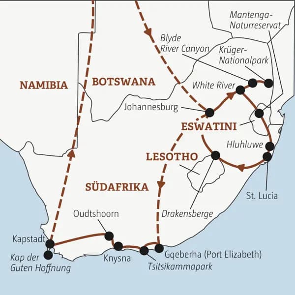 Die Rundreise mit YOUNG LINE durch Südafrika führt dich von Johannesburg in den Krüger-Nationalpark, nach Eswatini, in die Drakensberge, nach Knysna und Kapstadt.