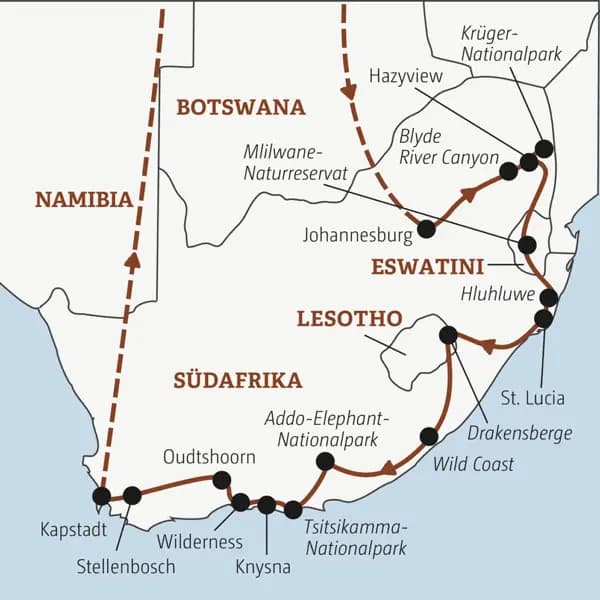 Die Rundreise mit YOUNG LINE durch Südafrika führt dich von Johannesburg in den Krüger-Nationalpark, nach Eswatini, St. Lucia, in die Drakensberge, nach Lesotho, Knysna, Stellenbosch und Kapstadt.