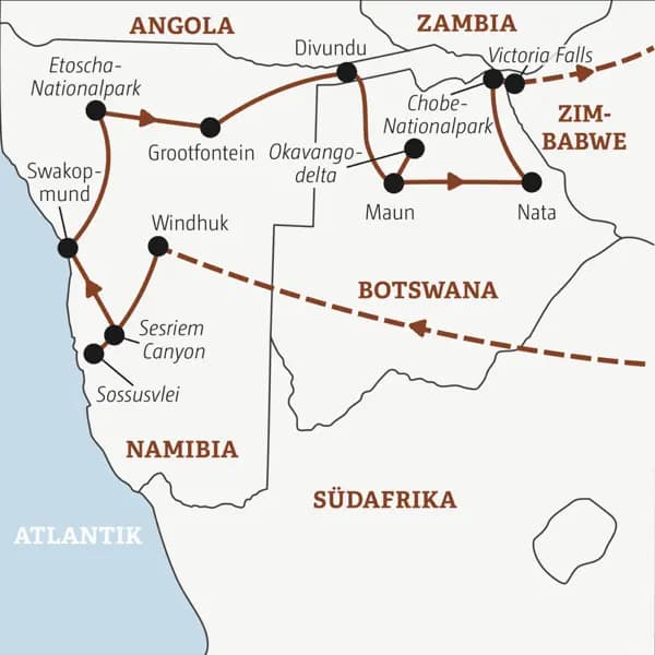 Die Rundreise mit YOUNG LINE durch Namibia und Botswana führt von Windhuk über die Kalahari nach Gobabis und weiter über das Okavangodelta und den Chobepark nach Victoria Falls.