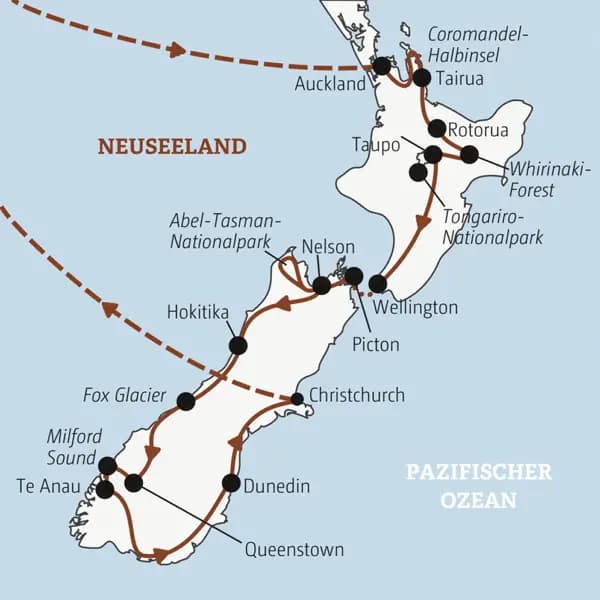 Die Rundreise mit YOUNG LINE durch Neuseeland führt dich von Auckland zur Coromandel-Halbinsel, in den Tongariro-Nationalpark, nach Wellington, Nelson, zum Fox Glacier, Milford Sound, nach Queenstown, Dunedin und Christchurch.