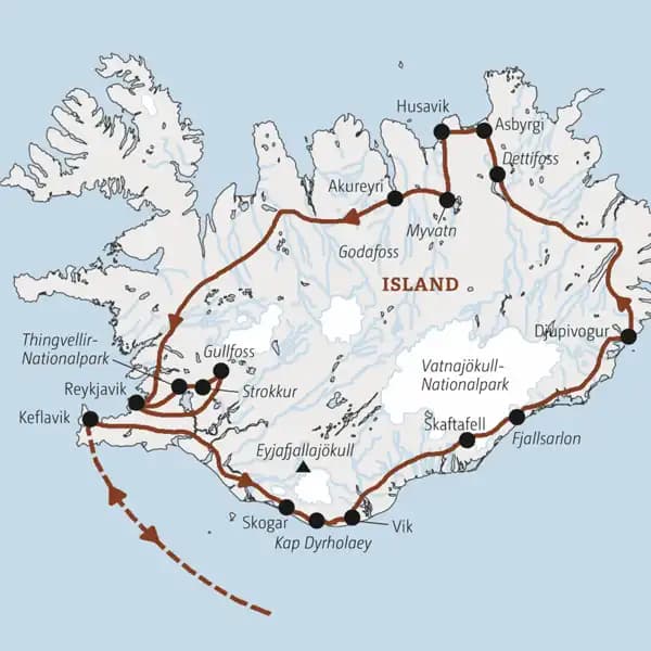 Unsere Marco Polo Rundreise nach Island führt rund um die Insel - von der Südküste über den Vatnajökull-Nationalpark und die Ostfjorde nach Asbyrgi, Husavik und Akureyri. Am Ende geht es zurück nach Reykjavik und zum Golden Circle.