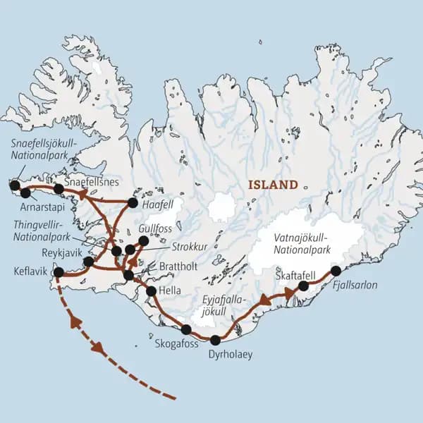 In kleiner Gruppe erleben wir Island im Winter. Auf dieser Marco Polo Rundreise in der Mini-Gruppe entdecken wir bizarre Eisformationen und dampfende Geysire. Gute Chancen, Polarlichter zu sehen!