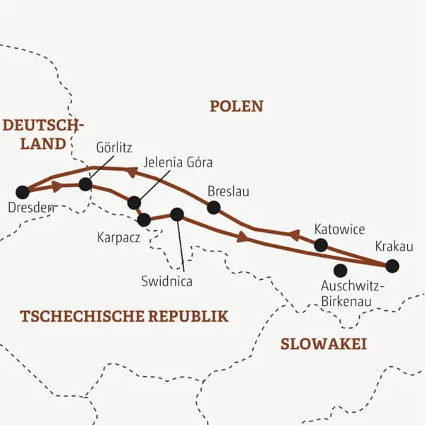 Auf dieser Marco Polo Rundreise erleben Sie das südliche Polen von Dresden über Swidnica nach Krakau und zurück über Katowice und Breslau.