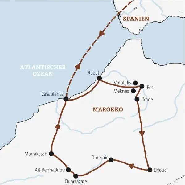 Auf unserer Rundreise durch Marokko erleben wir die Königsstädte Rabat, Fes und Marrakesch, überqueren den Hohen Atlas zu den Sanddünen der Sahara, fahren entlang der Straße der Kasbahs und erkunden die Berberburg von Ait Benhaddou.