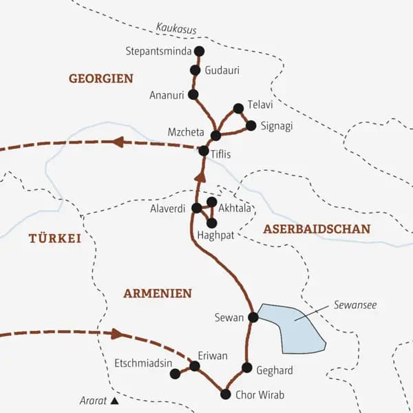 Diese Rundreise führt Sie von Eriwan über den Sewansee und Alaverdi in Armenien bis nach Stepantsminda vor der Kulisse des Kaukausus in Georgien.