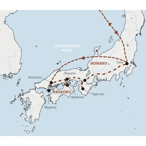 Die Route dieser Japanreise in der Marco Polo Mini-Gruppe führt von Hiroshima über Okayama, die Kunstinsel Naoshima und Kyoto bis nach Tokio.