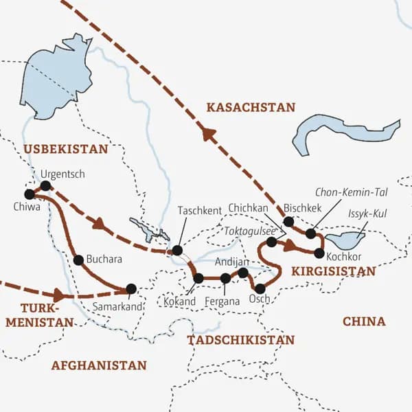 Die Karte zeigt den Verlauf der Entdeckerreise Usbekistan - Kirgisistan: Samarkand, Buchara, Chiwa, Urgentsch, Taschkent, Kokand, Fergana, Osch, Toktogulsee, Kochkor, Bischkek.