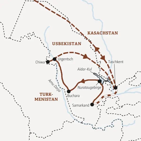 Die Karte zeigt den Verlauf unserer Marco Polo Usbekistan-Rundreise in kleiner Gruppe: Taschkent, Samarkand, Nurataugebirge, Buchara, Chiwa, Urgentsch.