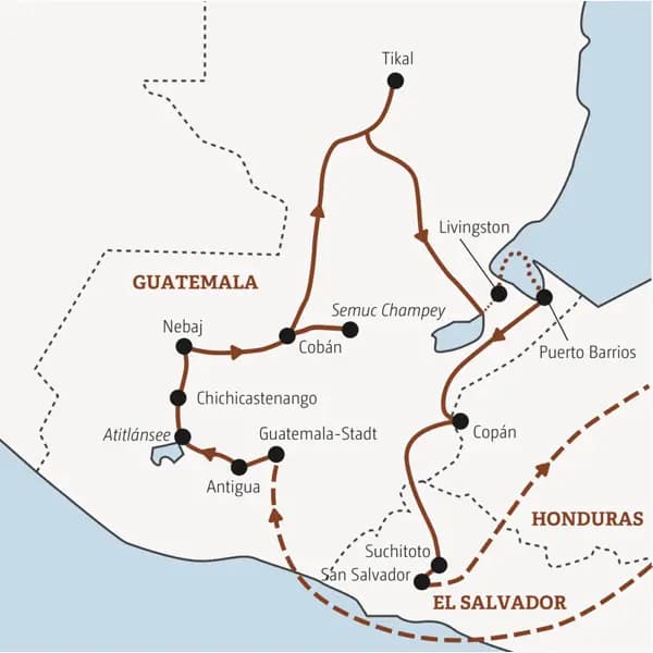 Die Reise mit Marco Polo in der Mini-Gruppe durch Guatemala und El Salvador führt Sie von Guatemala-Stadt über Antigua, den Atitlánsee, Cobán und Tikal an die Karibikküste nach Livingston. Weiter geht es mit einem Abstecher nach Copán in Honduras und nach Suchitoto in El Salvador.