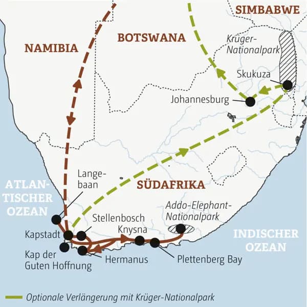 Diese Rundreise durch Südafrika mit Marco Polo in kleiner Gruppe führt Sie von Kapstadt entlang der Gartenroute.