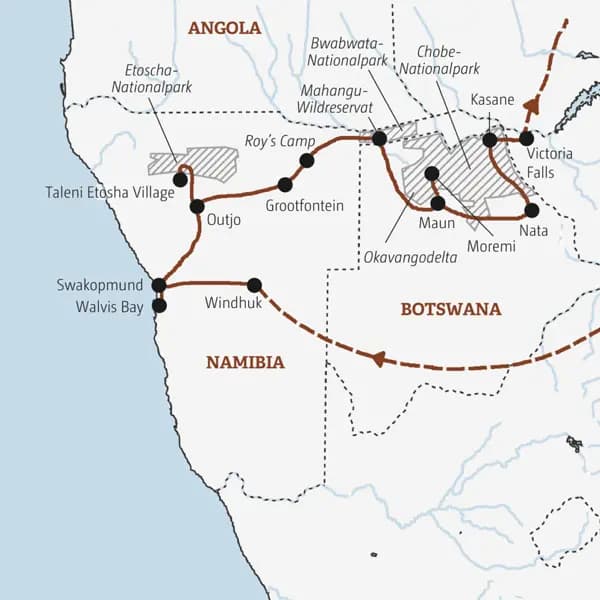 Überlandtour vom Atlantik zu den Viktoriafällen, quer durch Namibia und Botswana. Ein Safari-Erlebnis der besonderen Art in kleiner Gruppe,