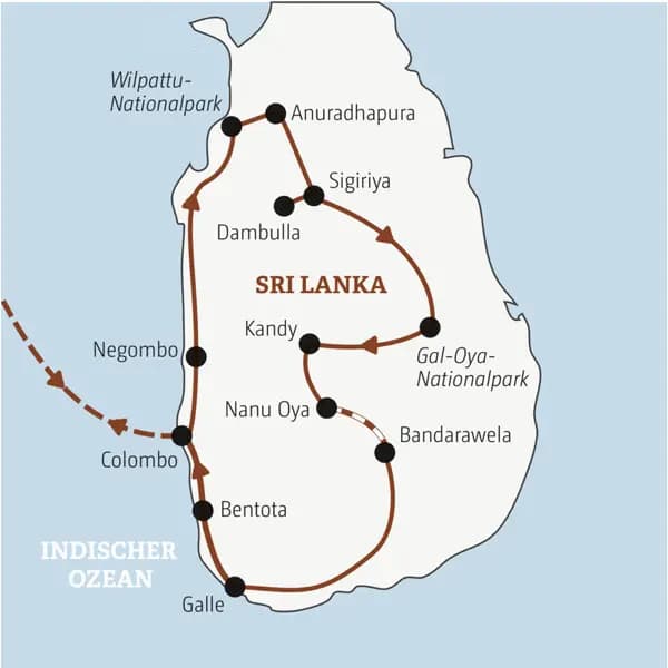 Die Rundreise mit YOUNG LINE für Traveller ab 35 durch Sri Lanka führt dich von Colombo und den Wilpattu-Nationalpark nach Anuradhapura, zum Gal Oya-Nationalpark und weiter über Kandy und Bandarawela nach Galle und Bentota.