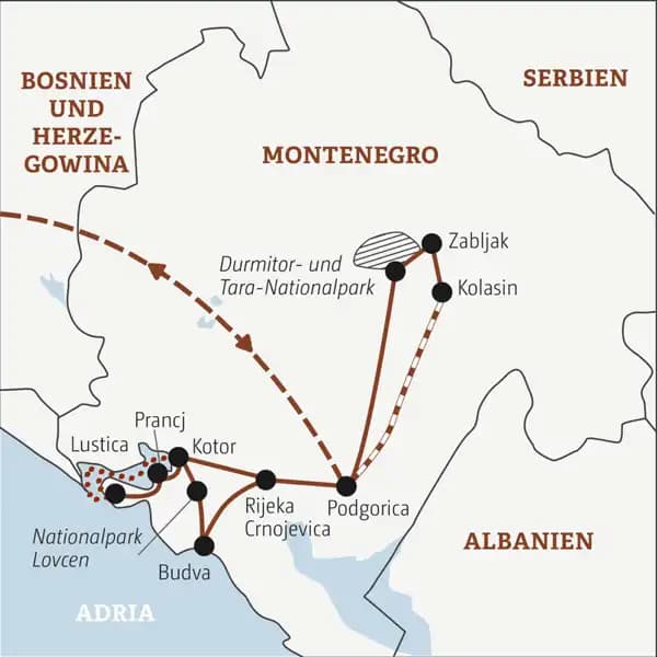 Reisekarte der  Marco Polo Rundreise durch  Montenegro mit Kotor, Budva und Durmitor-Nationalpark.