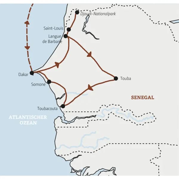 Unser Marco Polo Minigruppenreise Senegal verläuft von Dakar über Langue de Barbarie bis nach Saint-Louis und in den Djoudi-Nationalpark. Weiter nach Touba und Toubacouta. Am Ende kommen wir nach Somone an der Küste.