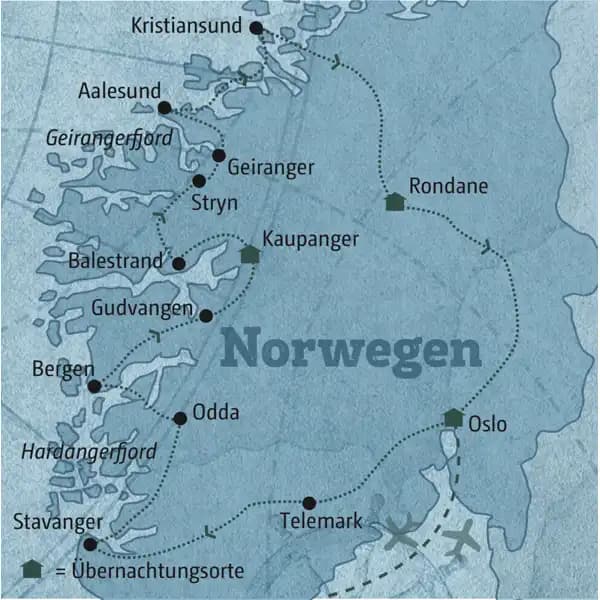 Karte der individuellen Norwegen Mietwagenreise 1595