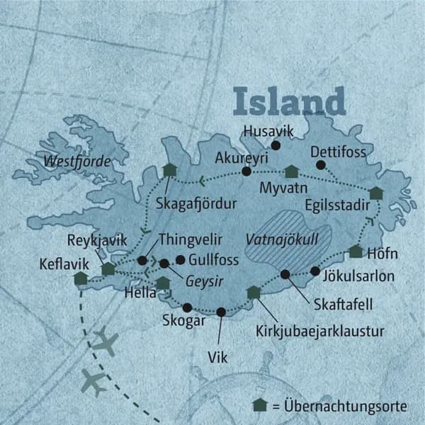 Diese Karte zeigt den Verlauf Ihrer individuellen 10-tägigen Mietwagenreise Island: Reykjavik, Golden Circle, Hella, Skogar, Vik, Kirkjubaejarklaustur, Jökulsarlon, Höfn, Egilsstadir, Dettifoss, Myvatn, Akureyri, Skagafjördur, Keflavik.