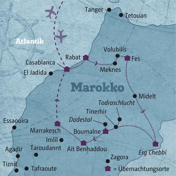 Diese individuelle Rundreise führt Sie zu den Höhepunkten Marokkos, wie die Königstädte Marrakesch, Rabat und Fes sowie in die Wüste und das Atlasgebirge.