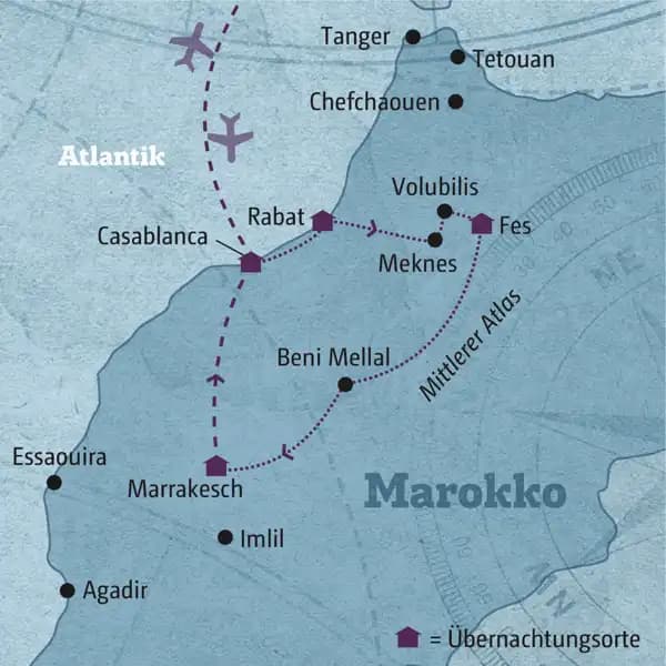 Ihre individuelle Reiseroute durch Marokko führt Sie zu den zauberhaften Königsstädten Casablanca, Meknes, Fes und Marrakesch.