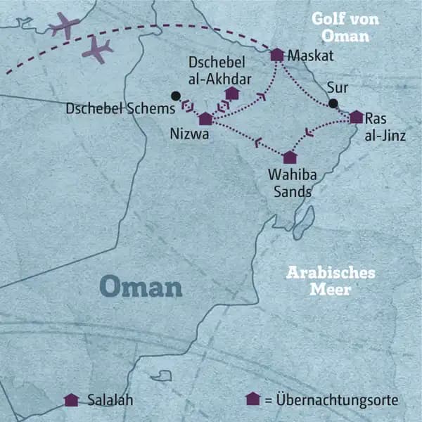 Auf dieser individuellen Rundreise erleben Sie den faszinierenden Oman: Wadis, Oasen und die Wüste. Sie übernachten im Wüstencamp und erkunden alte Burgen, atemberaubende Schluchten und genießen die orientalische Küche!