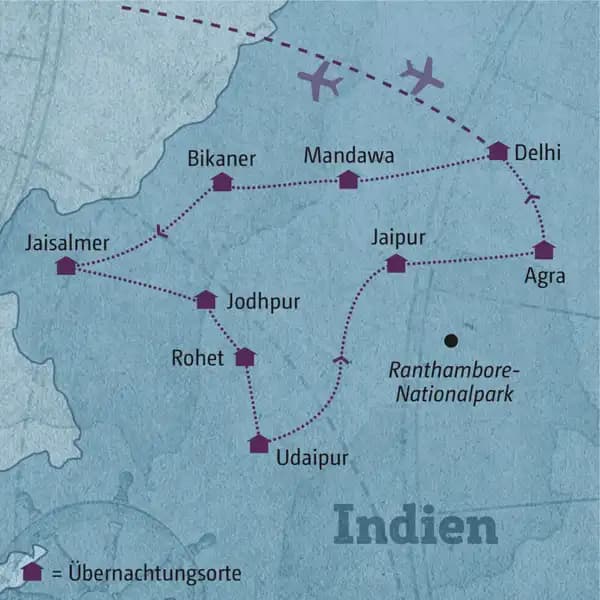 Die Reiseroute Ihrer individuellen Rajasthan-Tour führt Sie zu den beeindruckendsten Palästen und Forts des Bundesstaates. Absolutes Highlight am Ende der Reise: das Taj Mahal. Sie übernachten in Delhi, Mandawa, Bikaner, Jaisalmer, Jodhpur, Rohet, Udaipur, Jaipur und Agra.