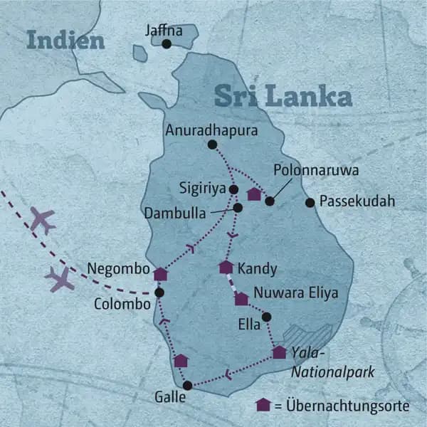 Ihre individuelle Rundreise führt Sie über Negombo zum Kulturellen Dreieck, weiter über Kandy, Nuwara Eliya, den Yala-Nationalpark und Galle zum Badeaufenthalt an der Südwestküste.