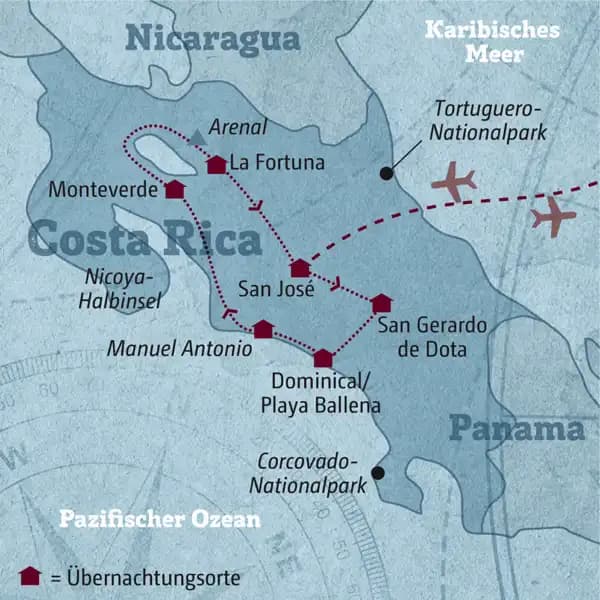 Ihre individuelle Mietwagen-Rundreise durch Costa Rica führt von San José über San Gerardo de Dota und Dominical/Playa Ballena nach Manuel Antonio, weiter über Monteverde nach La Fortuna.