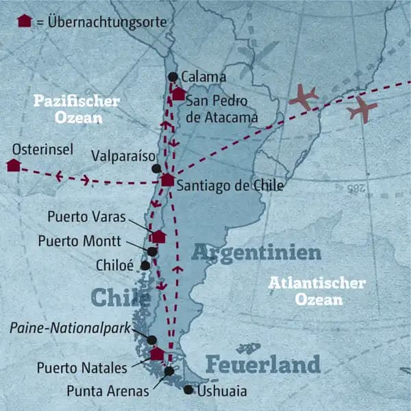 Ihre individuelle Reiseroute führt Sie zu den Höhepunkten Chiles: die trockenste Wüste der Welt, die Atacama, mit ihren Salzseen; nach Patagonien in den Torres-del-Paine-Nationalpark mit seiner rauen Landschaft und beeindruckenden Gletschern und in das Seengebiet um Puerto Montt, das von Vulkanen eingerahmt ist. Krönender Abschluss ist der Besuch der Osterinsel.