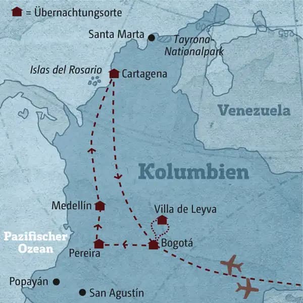 Die Karte zeigt den Verlauf Ihrer individuellen Kolumbien-Rundreise: Bogotá, Villa de Leyva, Pereira, Medellín, Cartagena.