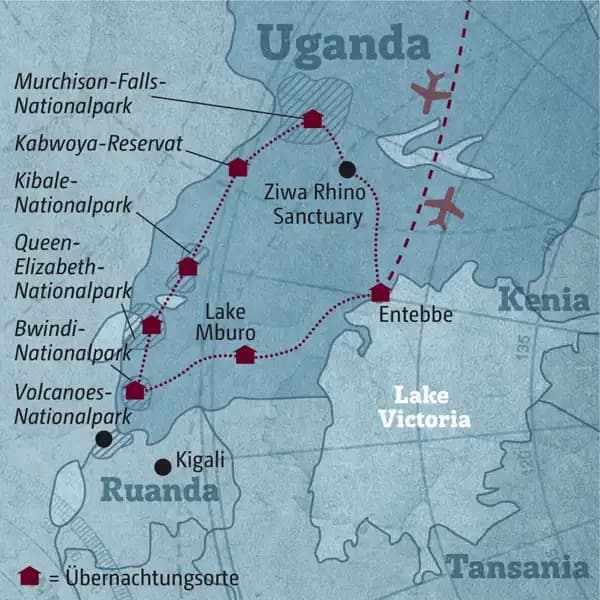 Die Reiseroute der individuellen Rundreise durch Uganda startet in Entebbe und führt über den Murchison-Falls-Nationalpark, den Kibale-Nationalpark und den Queen-Elizabeth-Nationalpark in den Bwindi-Nationalpark wo Sie die Bergorillas in ihrem natürlichen Lebensraum beobachten können.