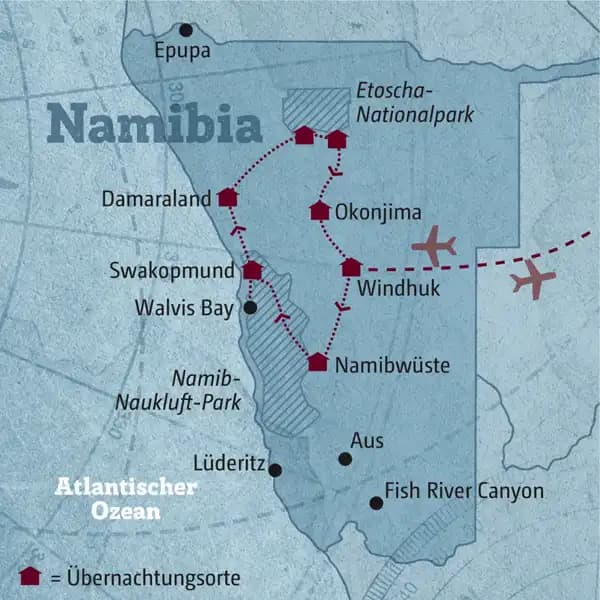 Diese Reisekarte zeigt den Verlauf der individuellen Marco Polo Reise Namibia: Windhuk, Namibwüste, Swakopmund, Walvis Bay, Damaraland, Etoscha-Nationalpark.