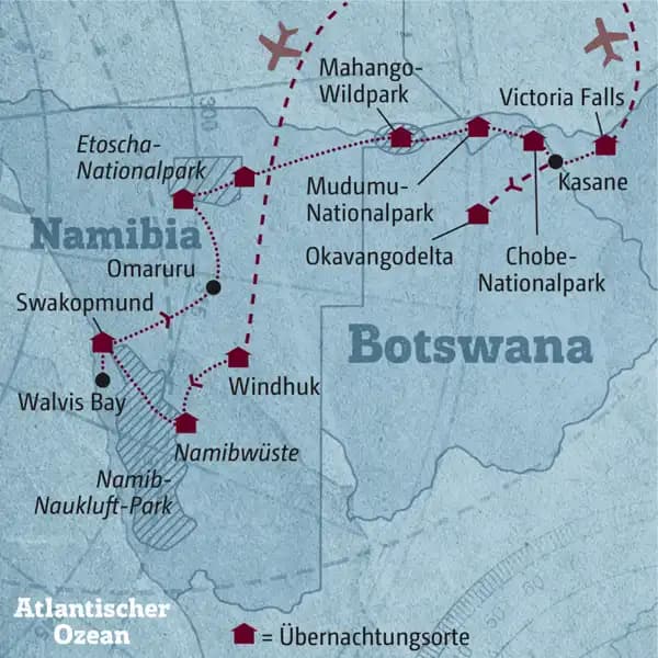 Diese Reisekarte zeigt den Verlauf der individuellen Marco Polo Reise Namibia - Botswana: Windhuk, Namibwüste, Swakopmund, Walvis Bay, Etoscha-Nationalpark, Mahango-Wildpark, Mudumu-Nationalpark, Chobe-Nationalpark, Victoria Falls, Okavangodelta.