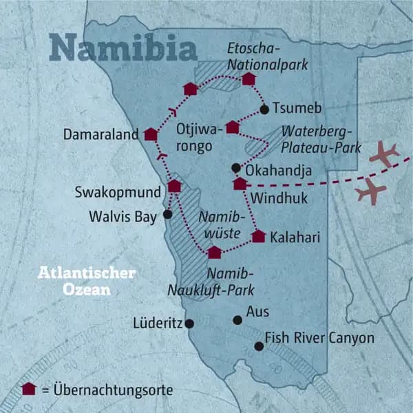 Diese Reisekarte zeigt den Verlauf der individuellen Marco-Polo-Mietwagenreise Namibia: Windhuk, Kalahari, Namibwüste, Swakopmund, Walvis Bay, Twyfelfontein, Etoscha-Nationalpark, Tsumeb, Otjiwarongo.